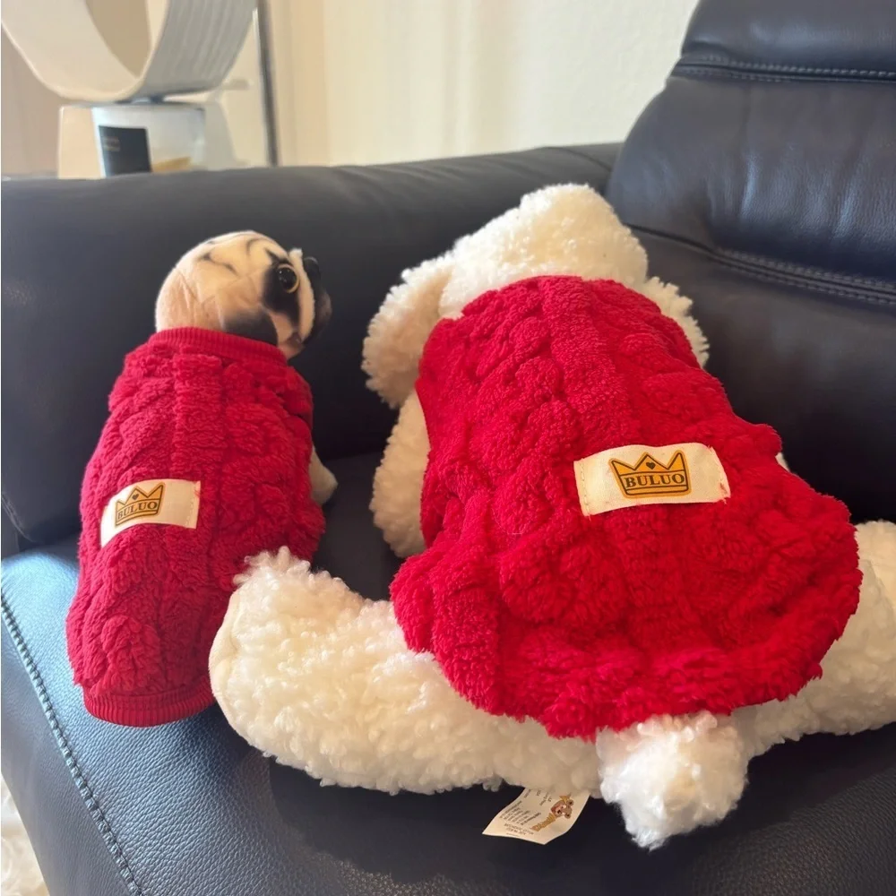 Meet Tiny Red Fluffy Dog Sweater for Pets 💙🩷